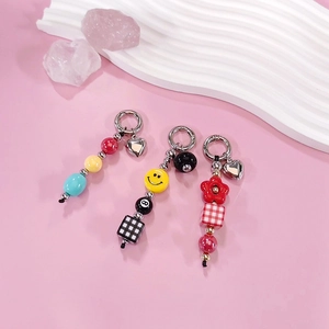 Korean Ins Style Checkerboard Beaded Keychain Sweet Heart Flower Acrylic Bag Charm Red Black Grid Pendant For Women Gift