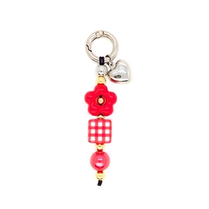 Red flower and heart beaded keychain with red white checkered square bead on white base