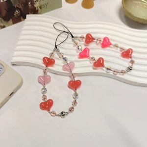 Handmade Beaded Phone Chain Lanyard Acrylic Heart Crystal Beads 18K Copper Plated Anti-Lost Phone Decoration For Women Girls