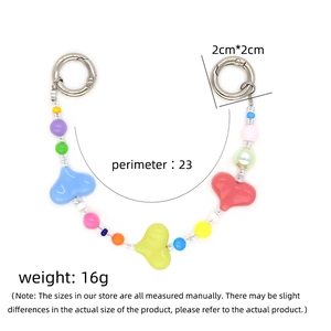 Colorful beaded phone strap with macaron heart charms and 23cm length measurement