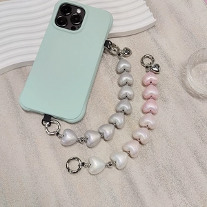 Ins Style Heart Beaded Phone Strap Iridescent Acrylic Metal Chain Charm Women Phone Case Accessories Heart Pendant