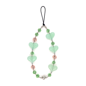Handmade beaded phone strap with green matte hearts and transparent acrylic crystal beads