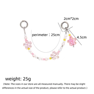 Pink cherry blossom beaded phone strap with pearls and silver clips, 25cm length