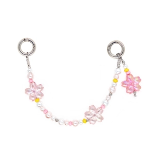 Sweet pink cherry blossom beaded phone chain with white pearls and silver ring clips