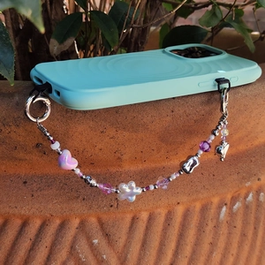 Mint green wave phone case with handmade star and heart colorful beaded lanyard charm
