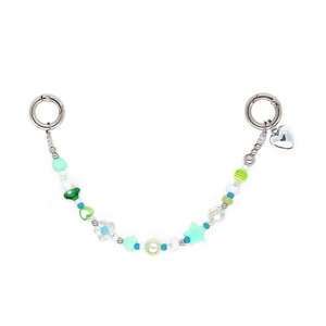 Pastel green star and heart beaded phone charm with silver metal clasp on white background