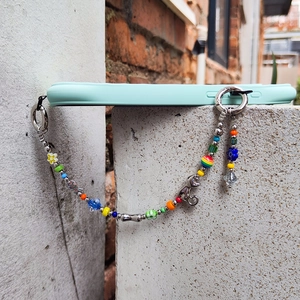 Colorful handmade beaded phone charm with mint green case and cute cat pendant decor