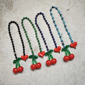 Handmade Beaded Bag Charm Keychain For Women Sweet Acrylic Cherry Heart Pendant Ins Style Schoolbag Decoration Accessories