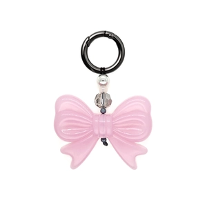 Pink translucent resin bow keychain with silver beads and black chrome spring clasp buckle