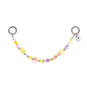 Close-up of colorful beaded phone chain with heart and flower shapes and NICE lettering