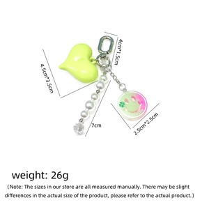 Smiling face and green heart keychain with beaded chain for phone or bag charm