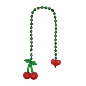 Beaded cherry and heart charm for bags with green stones and gold accents