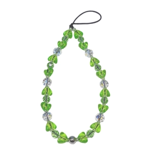 Green heart beaded phone wrist strap with crystal clear multifaceted acrylic charms