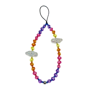 Rainbow beaded phone strap with translucent pastel beads and cute white clouds