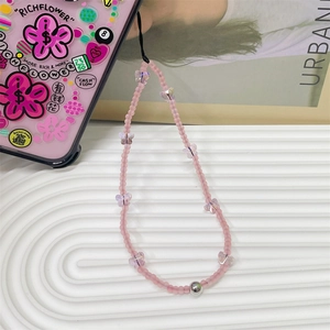 Chic pink frosted beaded phone wrist strap with translucent butterfly charms for women