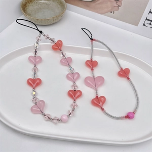 Sweet Pink Heart Beaded Phone Lanyard Wrist Strap Handheld Crystal Bead Phone Chain For Women Girl Camera Bag Charm Gift