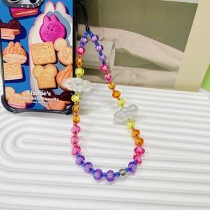 Handmade Rainbow Beads Mobile Phone Chain With Cloud Decor Colorful Resin Glass Beads Wristband Lanyard For Women Girls Gift