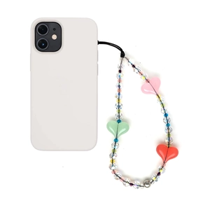 Minimalist cream phone case with colorful rainbow heart beaded wrist strap lanyard