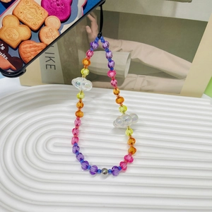 Colorful rainbow beaded phone strap with acrylic cloud charms and durable black nylon cord