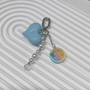 Blue heart pendant keychain with white pearls, gradient smile face and silver metal clasp