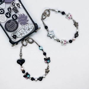 Mignonne Chaîne de Téléphone Perlée Tête de Chat Étoile Cœur pour Femmes Style Y2K Acrylique Acier Inoxydable Perle Pendentif de Sac Porte-clés