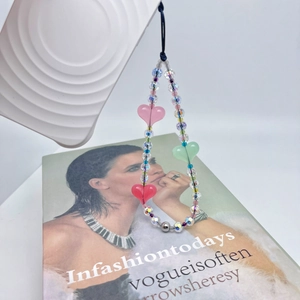 Rainbow beaded phone strap with iridescent beads and colorful hearts for CCD cameras