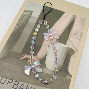 Pink crystal beaded phone strap with iridescent beads and translucent butterfly charms
