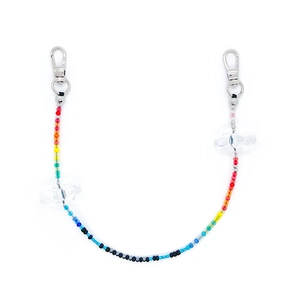 Colorful beaded phone lanyard with rainbow beads and transparent clouds on white background