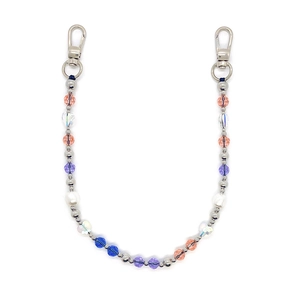 Detailed close-up of colorful beaded lanyard with pearls and silver lobster clasps