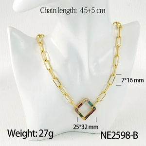 Detailed dimensions of gold chunky chain necklace with rainbow zircon pendant on model