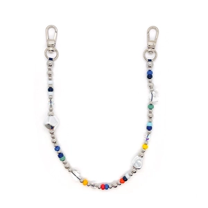 Close-up of colorful beaded lanyard with silver lobster clasps on a white background