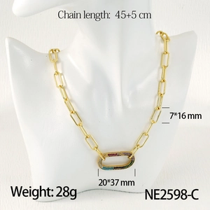 Macro view showing 45+5cm paperclip chain and rainbow zircon oval pendant details