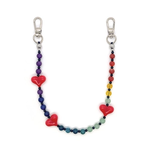 Colorful beaded phone strap with red heart charms and silver metal lobster clasps
