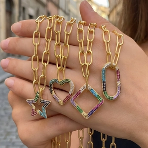 Chunky gold paperclip necklace with rainbow zircon heart and star pendants for women