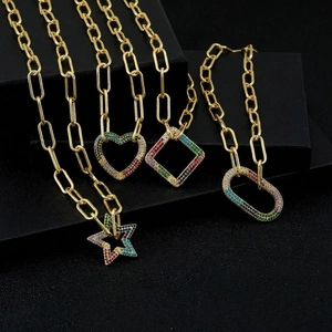 Golden paperclip chain necklaces with star heart and oval colorful zircon pendants