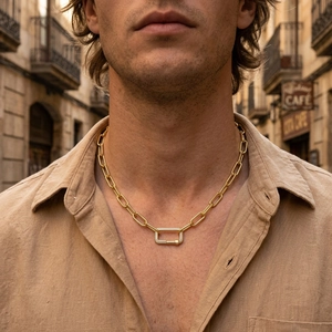 Hip hop gold paperclip chain necklace for men with micro-pave rectangle carabiner pendant