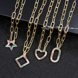 Golden paperclip chains with rainbow pave geometric pendants including star and heart shapes