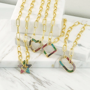 Detail of paperclip chains with colorful zircon heart, star and square charms