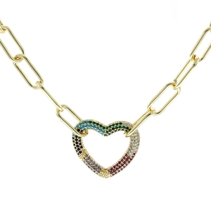 Detail view of gold paperclip chain necklace with multicolor zircon heart pendant