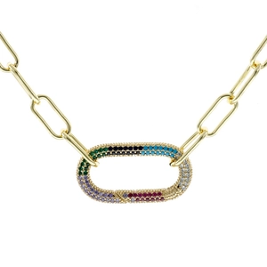 Close-up of golden paperclip necklace with rainbow zircon encrusted oval pendant