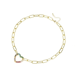 Fashionable gold paperclip chain necklace with a colorful heart-shaped zircon pendant