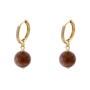 Elegant gold drop earrings with micro-set zircons and a round red-brown gemstone