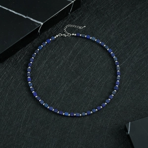 Detail of square Lapis Lazuli necklace with metal beads and adjustable lobster clasp