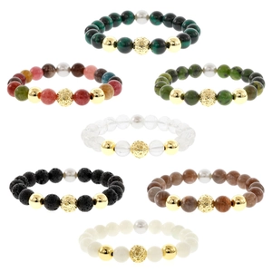 Men's retro semi-precious stone beaded bracelet set, natural crystal and lava stone style jewelry.