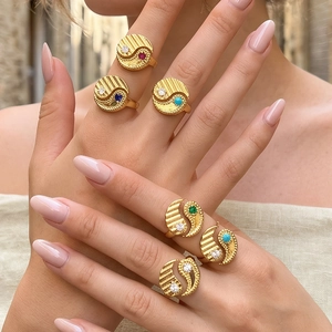 Vintage Gold Plated Copper Yin Yang Tai Chi Adjustable Open Ring With Colorful Zirconia Inlaid Fashion Jewelry For Women