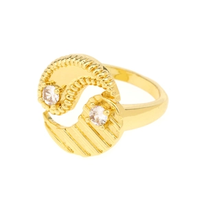 Golden Yin Yang spiral ring with sparkling zircon stones and detailed twisted texture