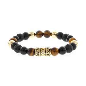 Beaded crown bracelet with tiger eye stones, lava rock, and gold micro-pave charms