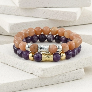 Lapis lazuli and amethyst beaded stretch bracelets set with honeycomb metal charms