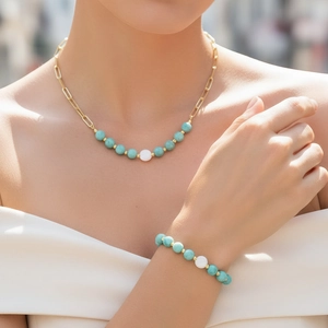 Vergoldetes Kupfer Büroklammer-Kette Halskette Und Armband Halbedelstein Achat Kristall Muschelperle Schmuck Für Damen