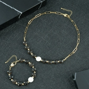 Details von verstellbarem Perlenhalsketten- und Armband-Set mit Rauchquarz und Perle